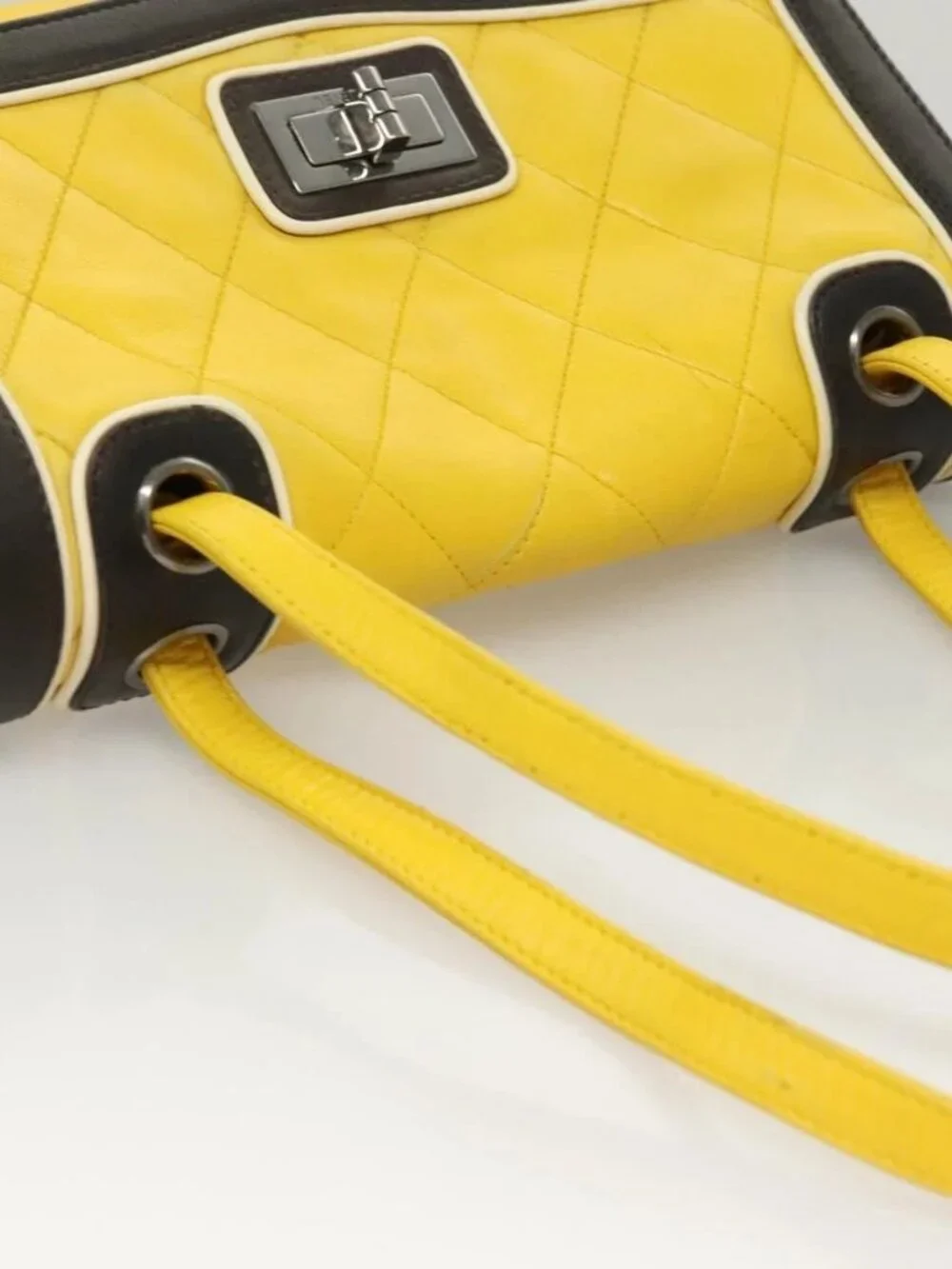 CHANEL Matelasse 2.55 Shoulder Bag Lamb Skin Yellow Silver CC Auth bs25489